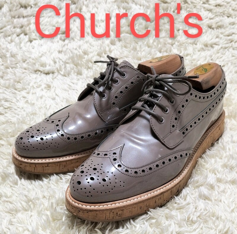 【良品★】サイズ39 Church′s ウイングチップシューズ/kelly◆パテントレザー☆チャーチ (5)