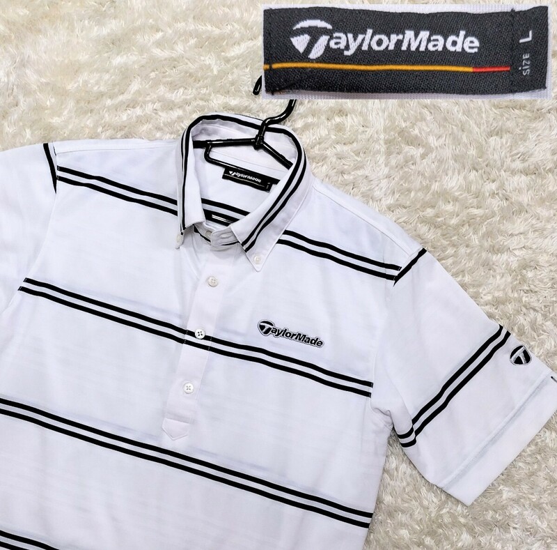 【美品★】Lサイズ TaylorMade 半袖ボタンダウンドライポロシャツ/白◆ボーダー柄☆テーラーメイド (5)