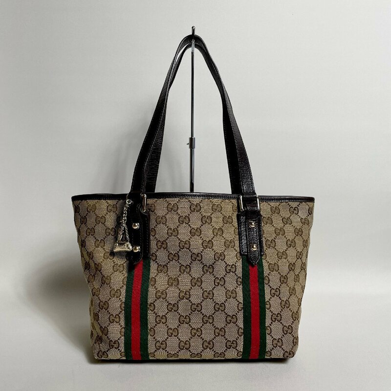 2404-110-2｜極美品｜GUCCI グッチ GGキャンバス シェリーライン トートバッグ キャンバス レザー ダークブラウン チャーム付き