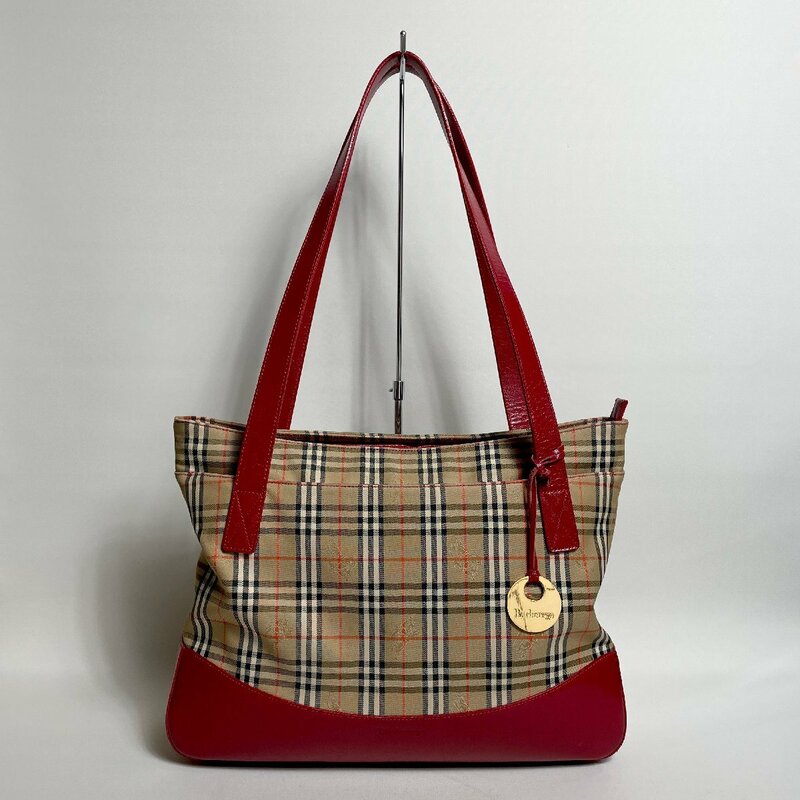 2405-117-1｜BURBERRY バーバリー トートバッグ キャンバス レザー レッド ノバチェック シャドーホース ロゴチャーム付き