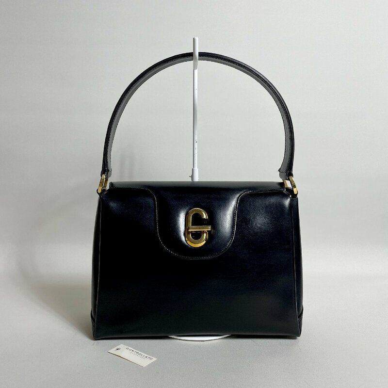 2406-6-1｜美品｜GUCCI グッチ ハンドバッグ レザー ブラック Gロゴ金具 ターンロック コントロールカード付き