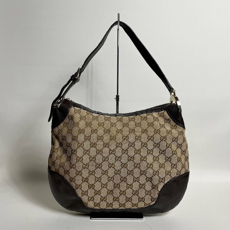 2406-12-1｜美品｜GUCCI グッチ GGキャンバス ワンショルダーバッグ キャンバス レザー ダークブラウン Gロゴ金具