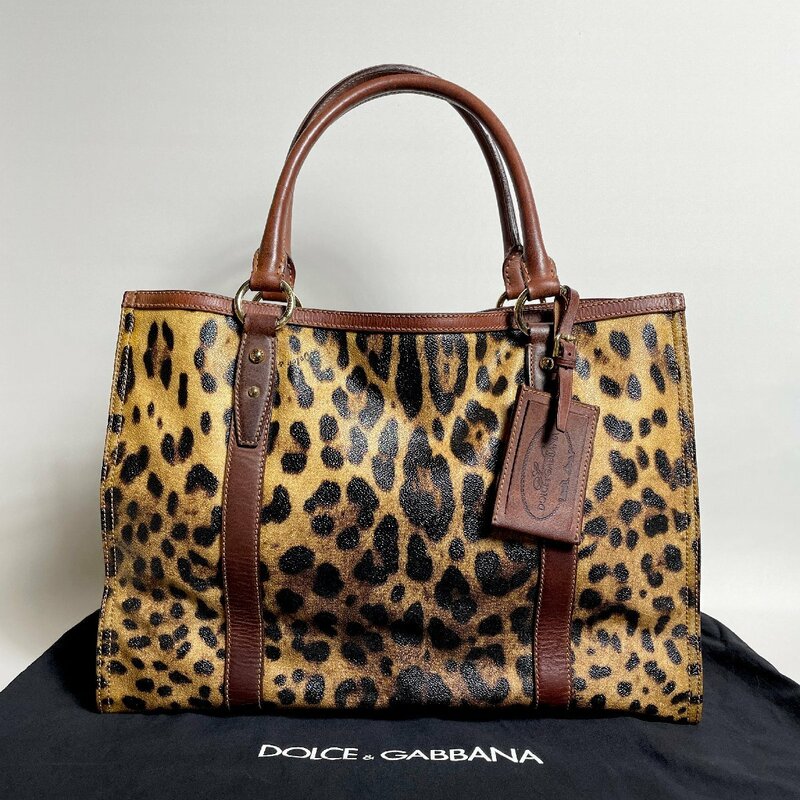 2406-51-1｜美品｜DOLCE&GABBANA ドルチェアンドガッバーナ ドルガバ トートバッグ PVC レザー ブラウン レオパード柄 付属品あり