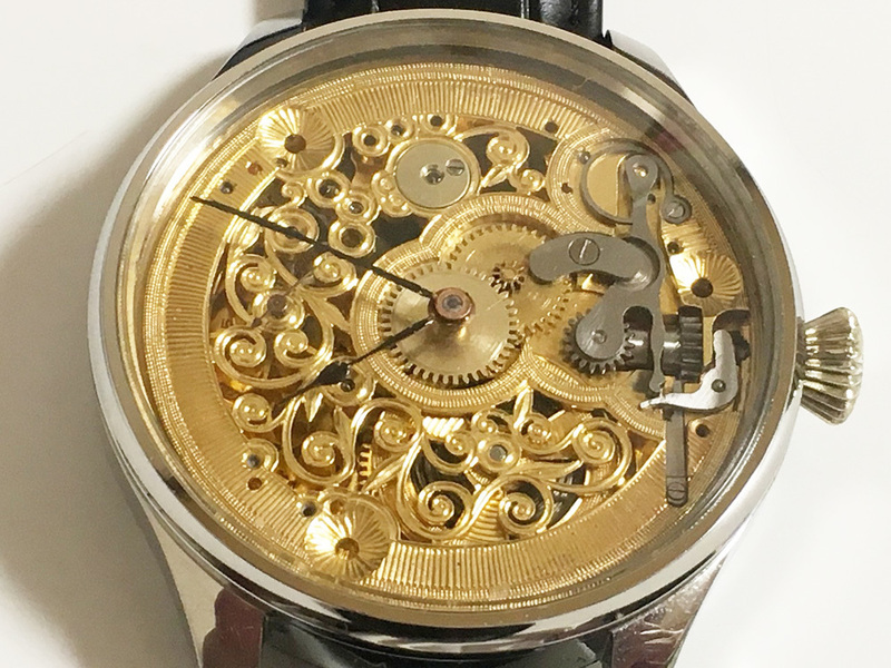 下取＆値引き交渉ok 1905年 前後 オメガ 懐中時計 ムーブメント使用カスタム腕時計 フルスケルトン葡萄フルエングレービング アンティーク