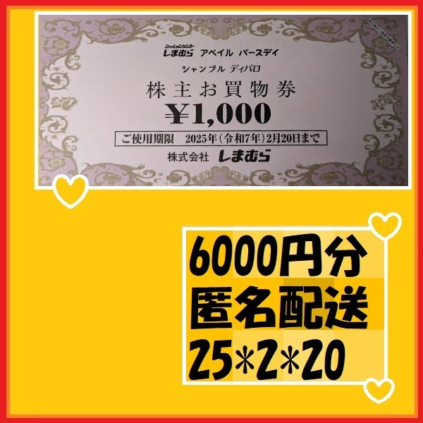 6000円分 しまむら 株主優待 25*2*20 アベイル バースデイ シャンブル ディバロ　avail 優待で頂きました、安心して御使用いただけます