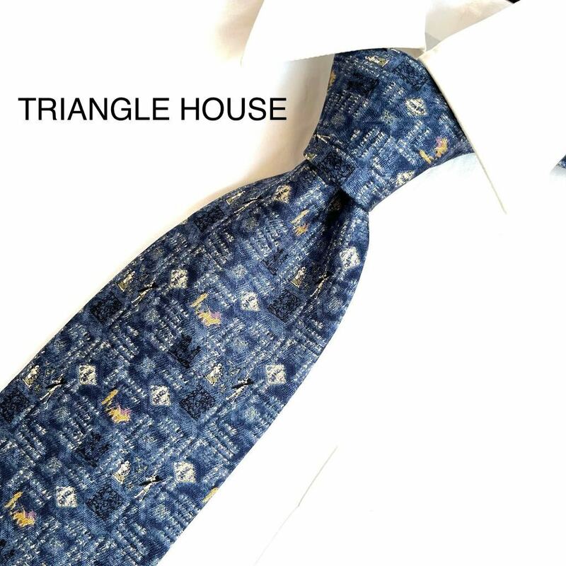 美品 TRIANGLE HOUSE ネクタイ シルク 100% 絹 エジプト壁画 ヒエログリフ 総柄 シルクネクタイ ビジネス カジュアル ブルー パターン柄