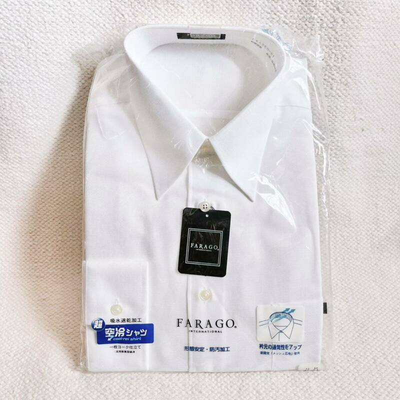 未使用 FARAGO ワイシャツ 長袖シャツ 白 無地 40-84 綿 ポリエステル Lサイズ ビジネス フォーマル 吸水速乾 形態安定 防汚加工 メンズ
