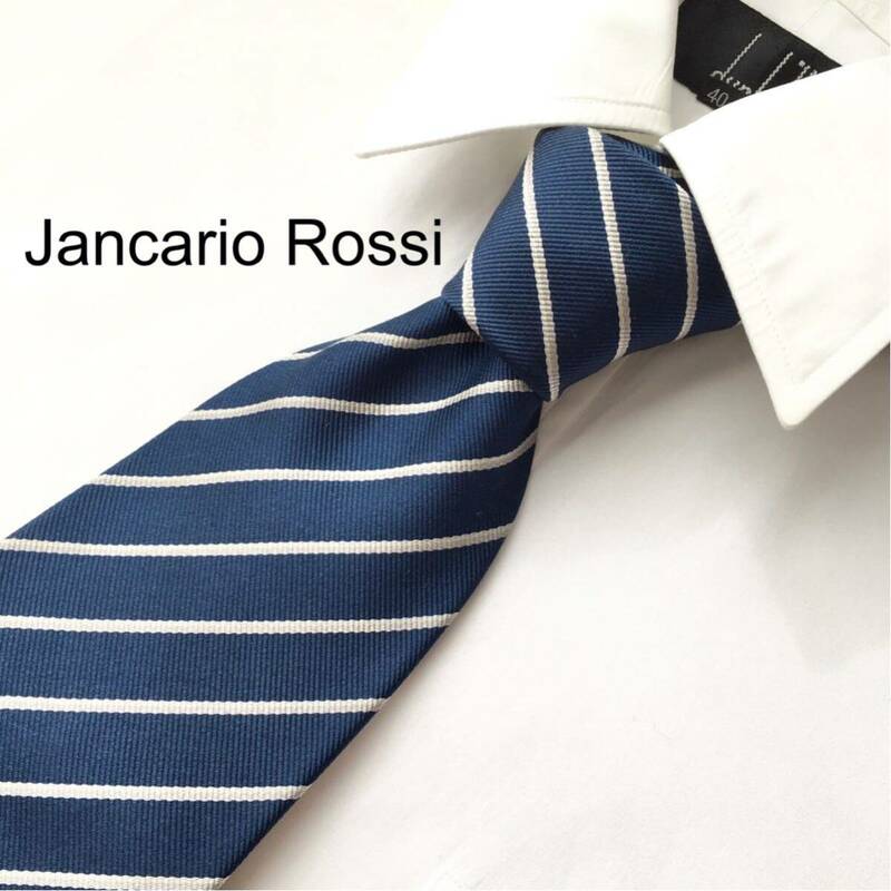 美品 Jancarlo Rossi ジャンカロロッシ シルク ネクタイ 絹 レジメンタルタイ ネイビー ホワイト 日本製 ビジネス フォーマル ストライプ柄