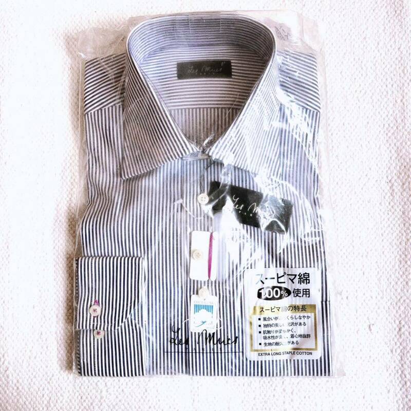 未使用 Les Mues PARIS Lサイズ メンズ ワイシャツ 長袖シャツ 青 白 ストライプ柄 41-85 綿 100% 日本製 ビジネス カジュアル スーピマ綿