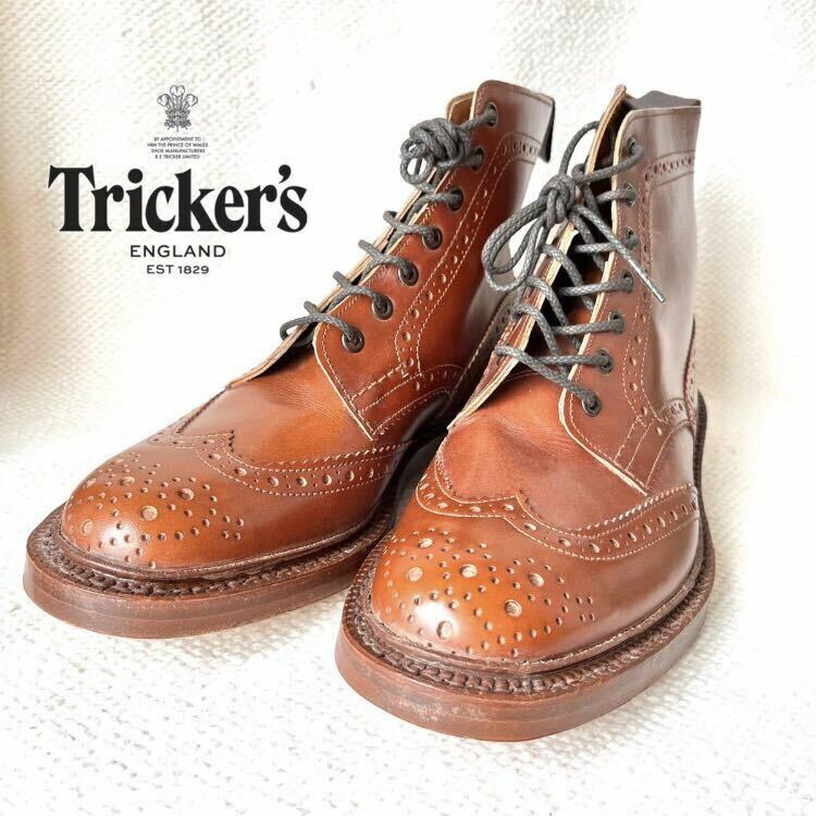 未使用 トリッカーズ Tricker's ブーツ 6.5 Fit5 24.5cm-25cm メンズ モールトン ストウ ウィングチップ ブラウン カントリーブーツ 本革