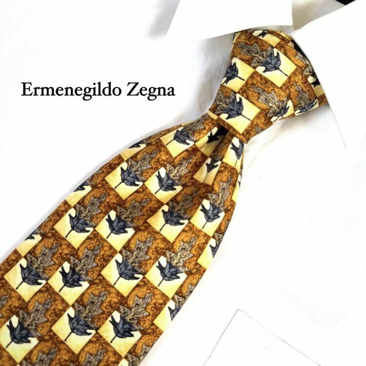 美品 Ermenegildo Zegna エルメネジルドゼニア シルク ネクタイ イタリア製 植物柄 総柄 イエロー ビジネス カジュアル 高級感