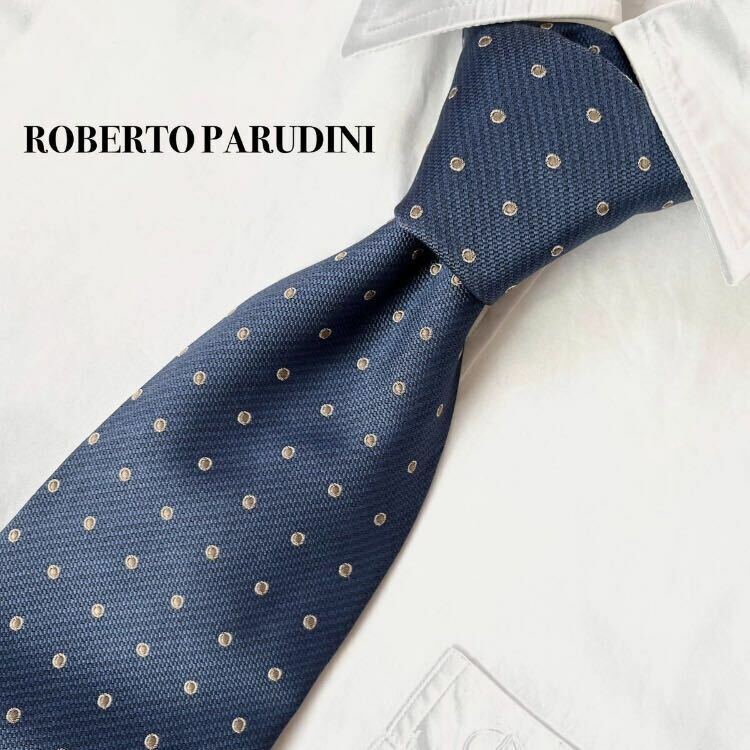 ROBERTO PARUDINI ロベルトパルディーニ シルク ネクタイ 絹 100% イタリア製 ドット柄 ネイビー ビジネス カジュアル フォーマル 紺