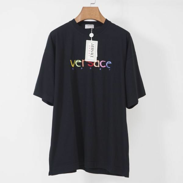 4-YE033【未使用】ヴェルサーチ VERSACE コットン ロゴ Tシャツ カットソー ブラック 48 メンズ