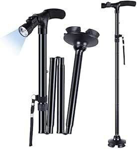 ステッキ 杖 自立式 折りたたみ杖 4点杖 アルミ製 軽量 LEDライト搭載 夜間散歩 伸縮式 5段階調整可能85-97cm 男女