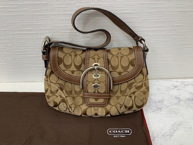 ☆1000円スタート☆ COACH コーチ ソーホー シグネチャー ショルダーバッグ 10296 キャンバス レザー ベージュ ブラウン ◆13222