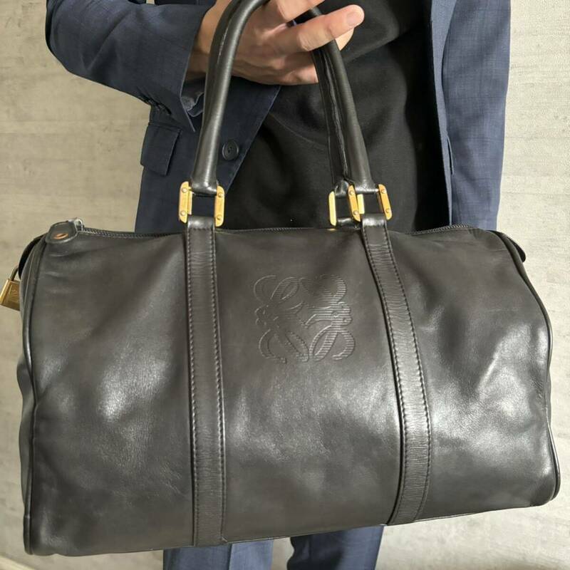 美品 LOEWE ロエベ アナグラム ボストンバッグ レザー メンズ レディース ゴールド金具 肩掛 南京錠 オールレザー 本革 ロゴ ハンドバッグ