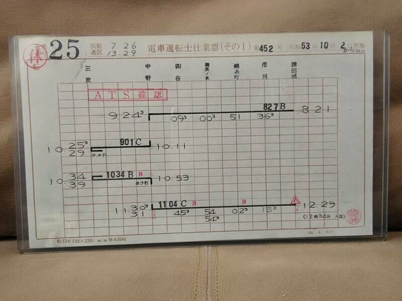 電車運転士仕業票 スタフ 津田沼電車区 休25仕業 昭和53年10月2日 総武線 中央総武緩行線 プラケース付 101系 103系 サボ 国鉄