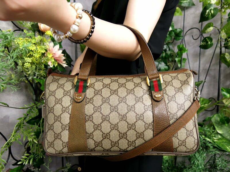 ●超美品●GUCCI オールド グッチ●シェリー●GGスプリーム●PVC カーフ レザー 本革●2way ハンド バッグ●ブラウン ベージュ●Js47484