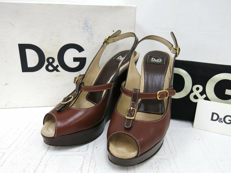 ◆超美品◆D&G ディー&ジー◆レザー 本革◆ウェッジソール サンダル◆ブラウン ゴールド金具◆37サイズ◆レディース◆A5556