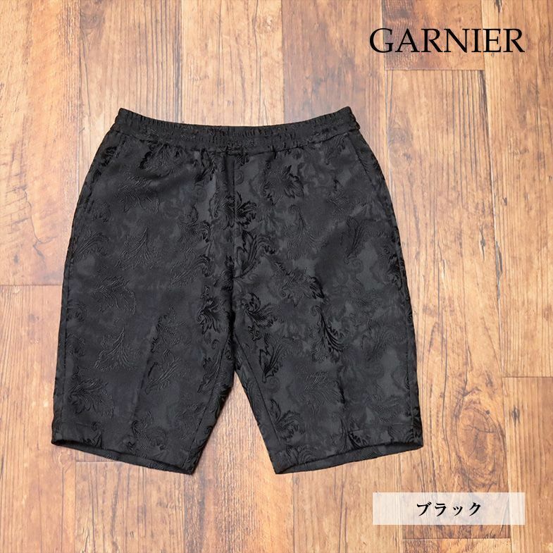 23SS/GARNIER/Mサイズ/イージー ハーフパンツ 光沢ジャガード ボタニカル リゾート リラックス 新品/黒/ブラック/ig143/