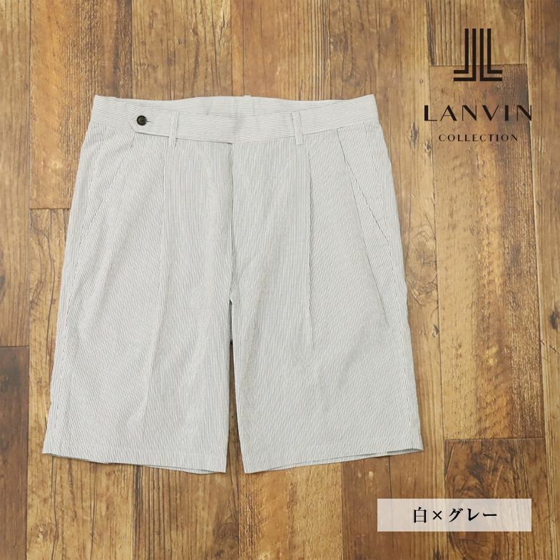 1円/春夏/LANVIN COLLECTION/54サイズ/ハーフパンツ FINXコットン コードレーン 涼しい ツータック 日本製 短パン 新品/白×グレー/gf158/