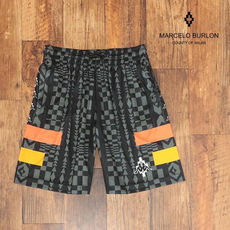 1円/23春夏/MARCELO BURLON/Sサイズ/イージー ハーフパンツ CMVH004S23FAB001 AOP FOLK KAPPA SOCCER SHORTS 新品/黒×グレー/ib465/