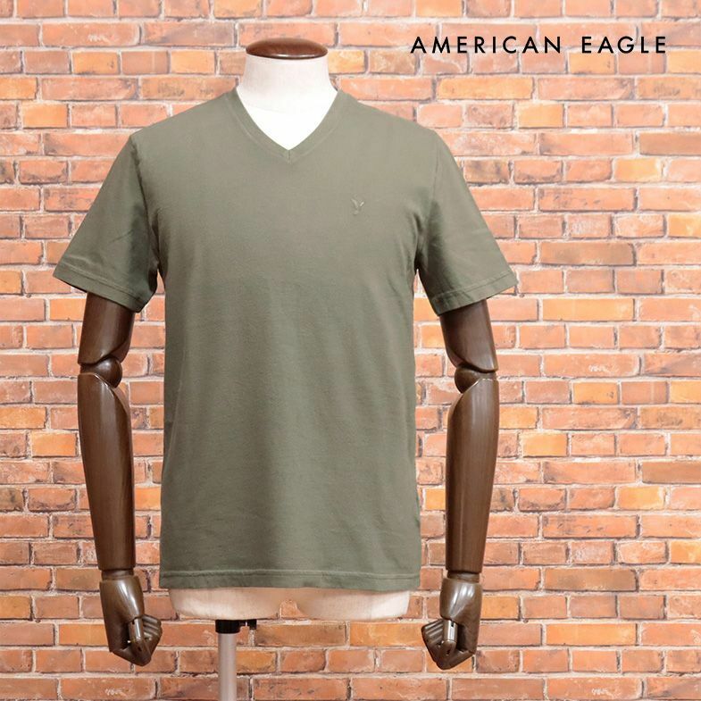 AMERICAN EAGLE/Sサイズ/VネックTシャツ 1177-2274 ジャージー ストレッチ◎ 無地 イーグル刺繍 半袖 新品/カーキ/ih168/