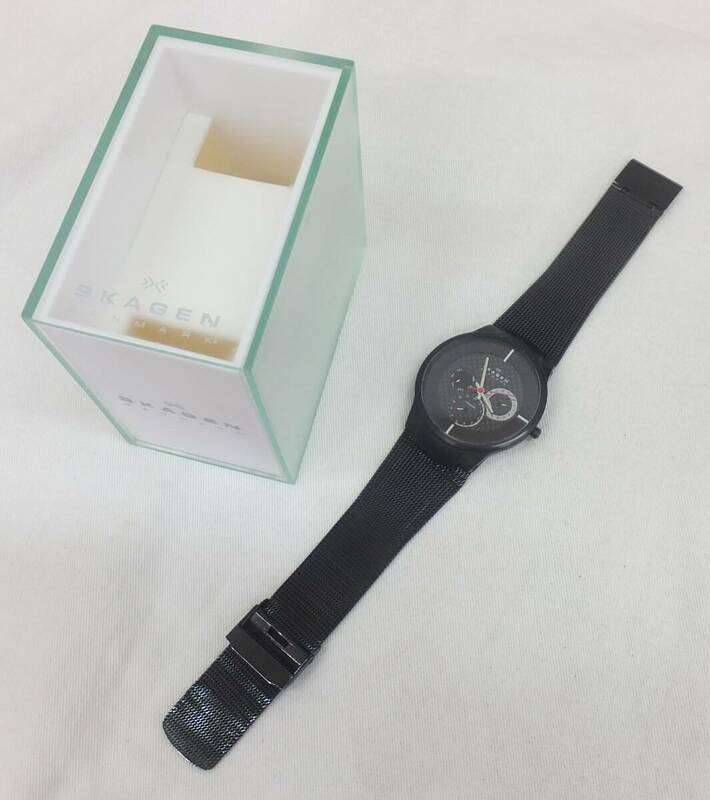 【中古動作品/難あり】★SKAGEN スカーゲン 809XLTBB カーボンダイヤル チタン メンズ クォーツ腕時計 ブラック メッシュベルト