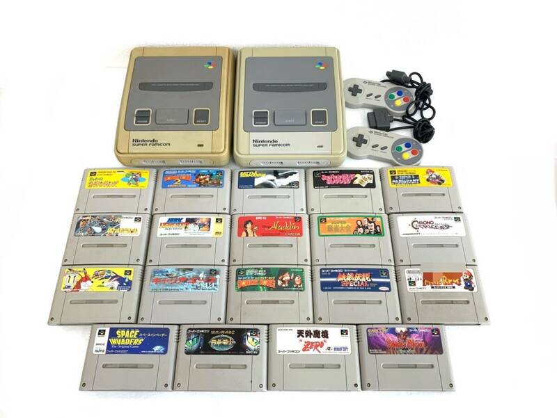 【D304】Nintendo SHVC-001 スーパーファミコン SFC ゲーム機 本体 ソフト 19本 まとめ セット 通電未確認 送料無料♪