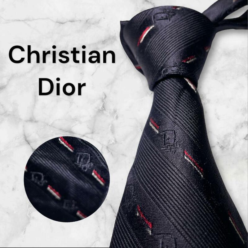 692 Christian Dior クリスチャン　ディオール　ネクタイ　トロッター　ストライプ　ネイビー