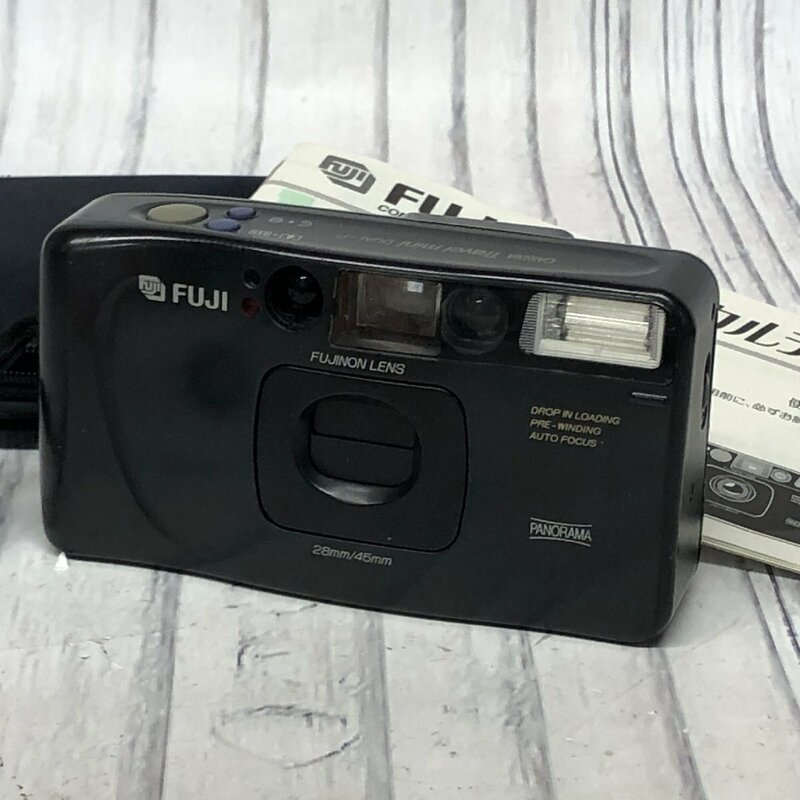 m001 J(60) FUJIFILM CARDIA Travel mini DUAL-P フジフィルム カルディア トラベル ミニデュアル パノラマフィルムカメラ ケース付 現状渡