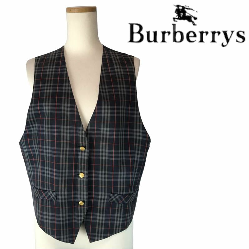 m15 Burberry's バーバリー ベスト チェック柄 ジレ ネイビー L コットン 100% トップス レディース 正規品