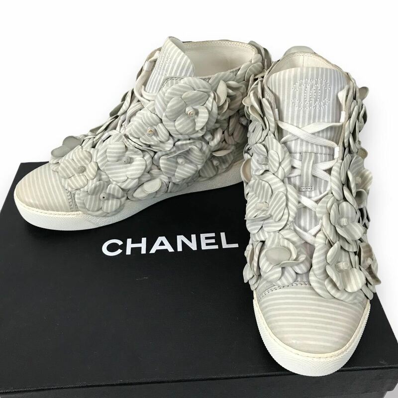 m22 レア 希少 CHANEL 2014 シャネル ココマーク カメリア コサージュ ハイカットスニーカー レザー シューズ ストライプ G29728 36 正規品