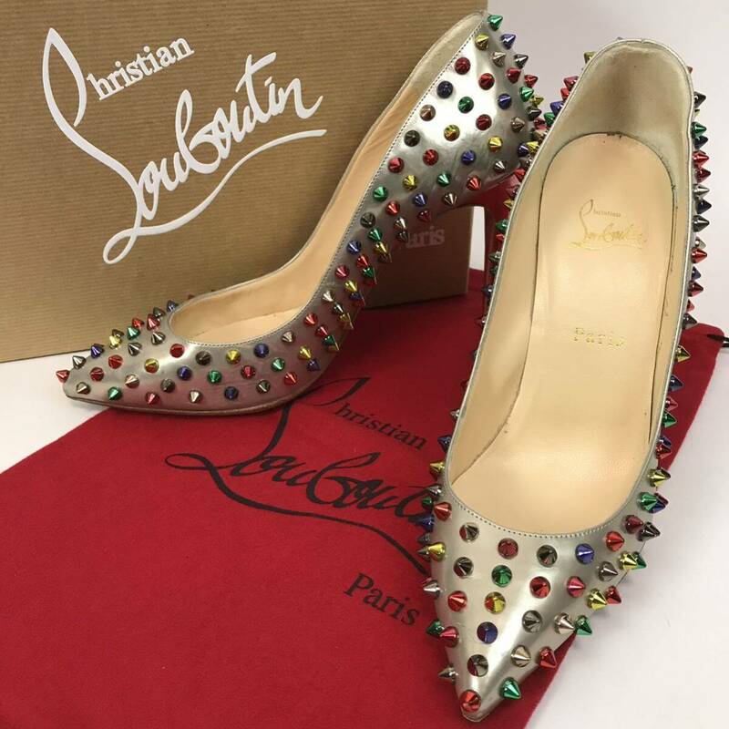 m52 Christian Louboutin クリスチャン ルブタン マルチカラー スタッズ パンプス レザー ピンヒール ハイヒール 39 イタリア製 正規品