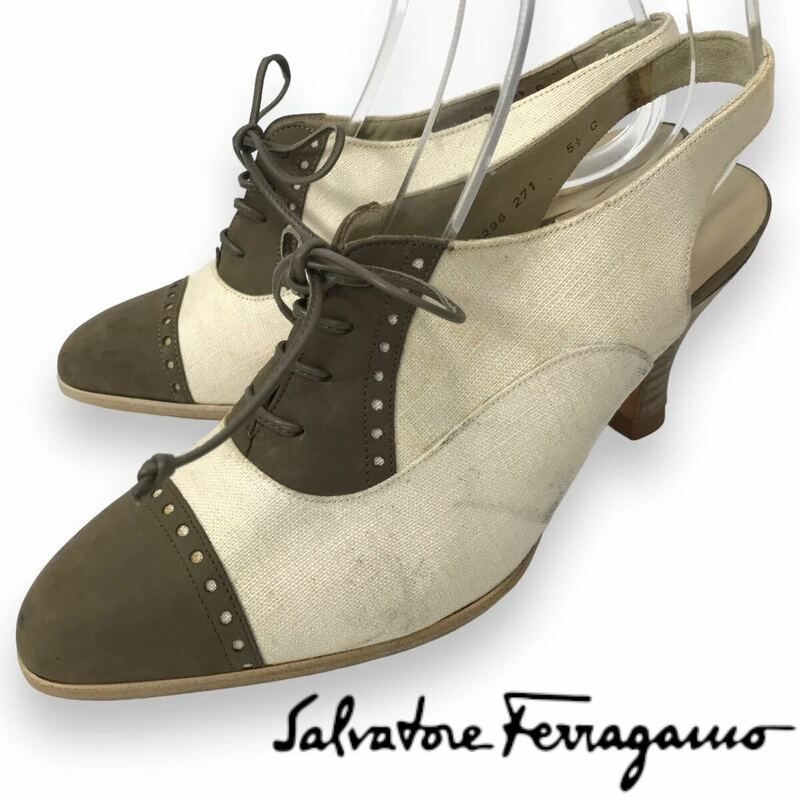 m134 Salvatore Ferragamo サルヴァトーレフェラガモ パンプス キャンバス レザー レースアップ バックストラップ 5.5 イタリア製 正規品