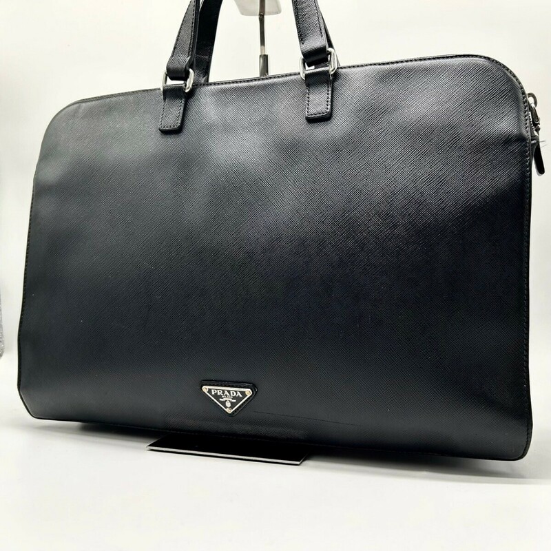 【美品/A4◎】 プラダ PRADA ハンドバッグ ブリーフケース ビジネス メンズ サフィアーノ レザー 三角ロゴ 黒 ブラック 本革 白タグ 鞄