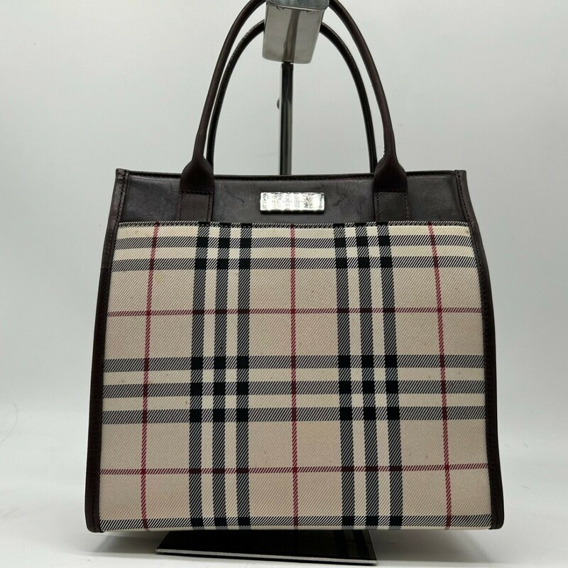 【美品】 バーバリー BURBERRY ミニ ハンドバッグ トートバッグ スクエア ノバチェック キャンバス レザー SV金具 ロゴ 本革 レディース 鞄