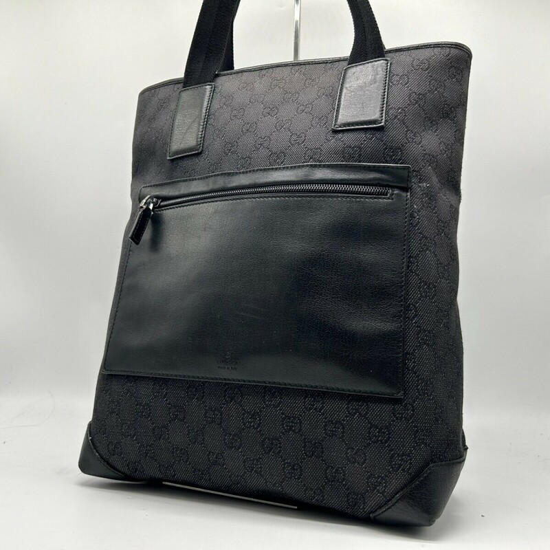 1円~【美品/A4◎】 グッチ GUCCI トートバッグ ハンドバッグ GGキャンバス デニム ビジネス メンズ レディース 肩掛け 黒 ブラック レザー