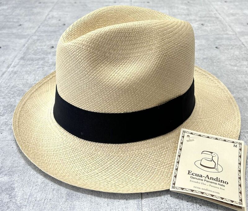 新品 Ecua-Andino 中折れ ハット ハンドメイド エクアアンディーノ　　帽子 パナマハット HAT 天然素材 ブラックリボン 玉9818