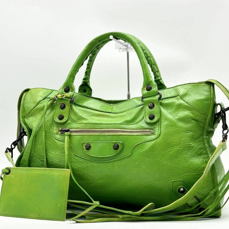●高級● バレンシアガ BALENCIAGA 2way シティ ハンドバッグ ショルダーバッグ 鞄 かばん ミラー付き 本革 レザー 肩掛け可 緑 グリーン