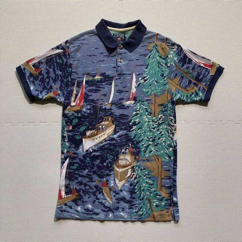 CHAPS チャップス Ralph Lauren ラルフローレン 総柄 絵画デザイン ポロシャツ 半袖 M