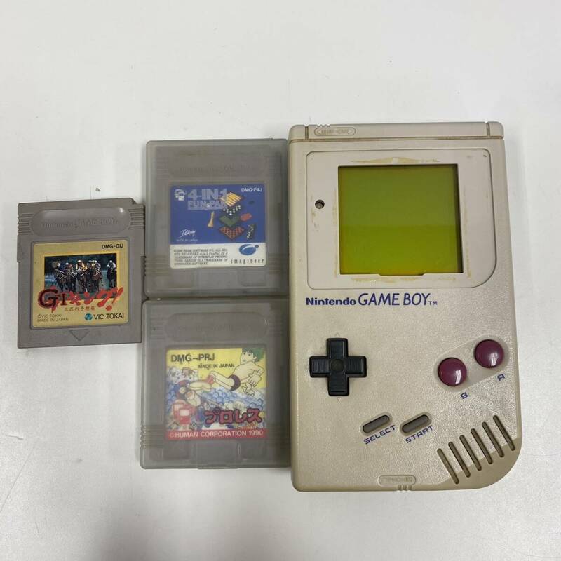 #13144　任天堂　ゲームボーイ　初代ゲームボーイ　DMG-01　動作未確認　ソフト3本　GⅠキング　プロレス　4-IN-1 FUN PAK