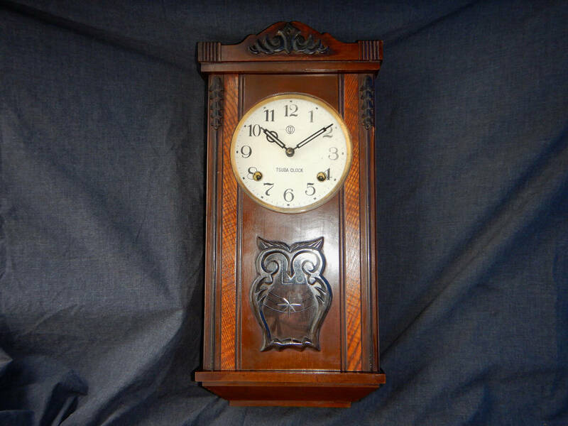 アンティーク 掛時計 TSUDA 津田時計 ふくろう時計 梟時計 ミミズク時計 みみずく時計 木製枠 壁掛時計 ゼンマイ式 ビンテージ 振子 稼動品