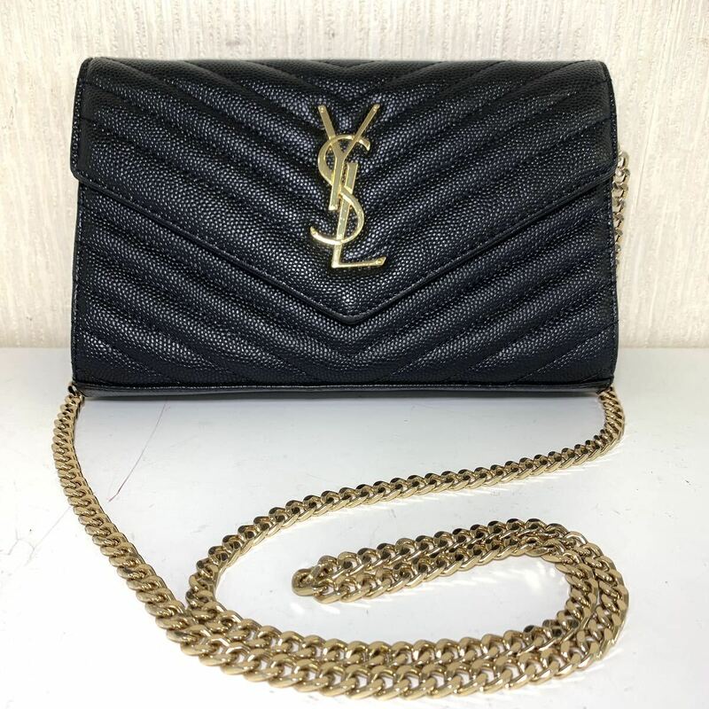 極美品 Yves Saint Laurent イブサンローラン YSL レザー 本革 チェーンショルダーバッグ 黒 BLACK Vステッチ 高級 ブランド 有名 大人気