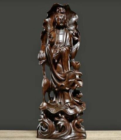 木彫仏像 仏教美術 精密細工 木彫り　黒檀木 観音菩薩像　仏像　置物 高さ30cm