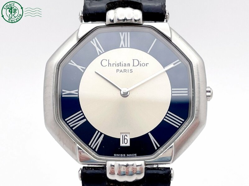 2406600928　＃ Christian Dior クリスチャンディオール D45-100 クォーツ デイト 腕時計 ローマン文字盤 シルバー×ネイビー 純正ベルト