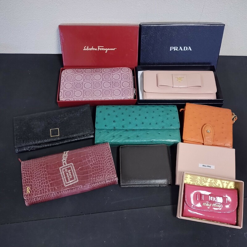 60402 PRADA miu miu フェラガモ 財布 キーケース Roberta Camerino Ferragamo オーストリッチ 長財布 折りたたみ グリーン ピンク 中古品