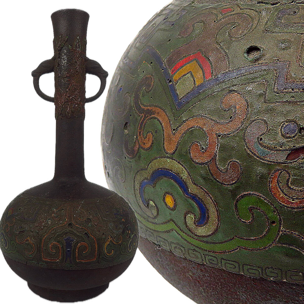 【SAKURAYA】旧家整理品 中国美術【唐物 古鉄製七宝饕餮紋耳付花瓶】古七宝 飾壺 壷 鉄地 中国古玩 骨董品 古美術品 高さ33cm