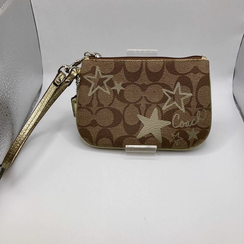 □2875 COACH コーチ リストレット ポーチ マルチケース 小物入れ レディース シグニチャー 星 スター ブラウン系 ゴールド系 カードケース