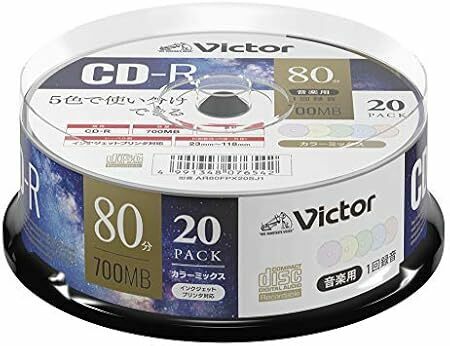 ビクター Victor 音楽用 CD-R 80分 20枚 カラーMIXプリンタブル AR80FPX20SJ